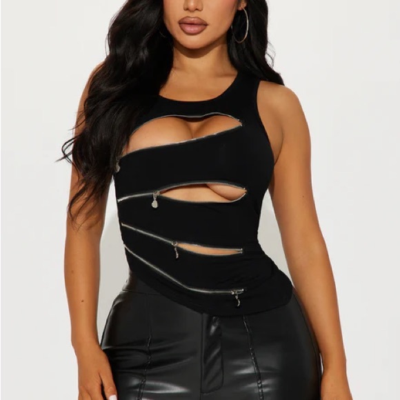 Fashion Nova Black Tank Top with Horizontal Zippers - Picture 4 of 4